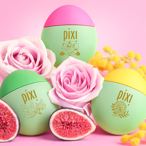 HandHero trio featuring PixiRose, PixiMimosa and PixiFig shown on a pink background with roses, mimosa blooms and figs view 1