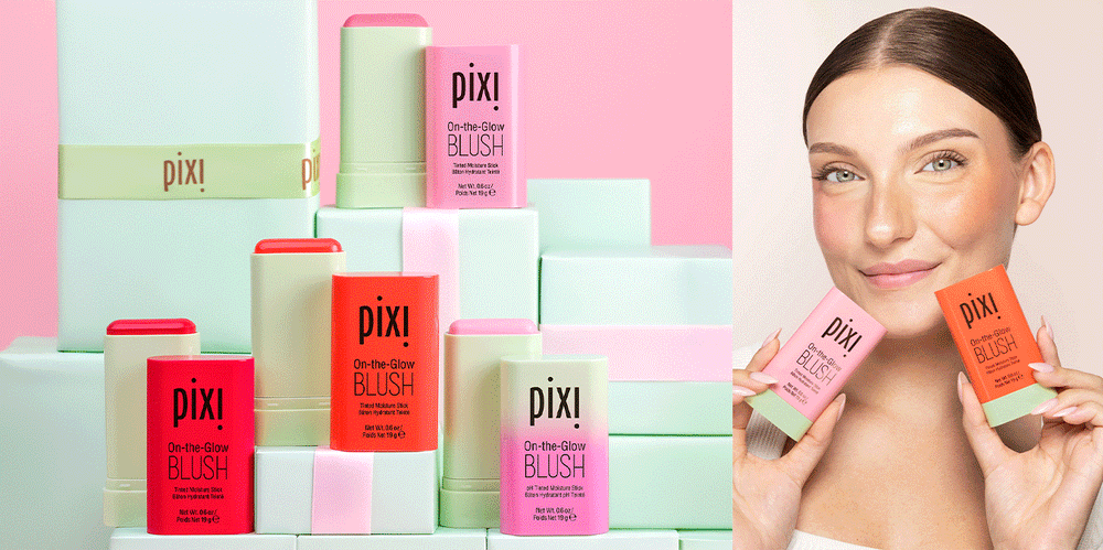 On-the-Glow Blush collection with gift wrapped next to model highlighting two shades