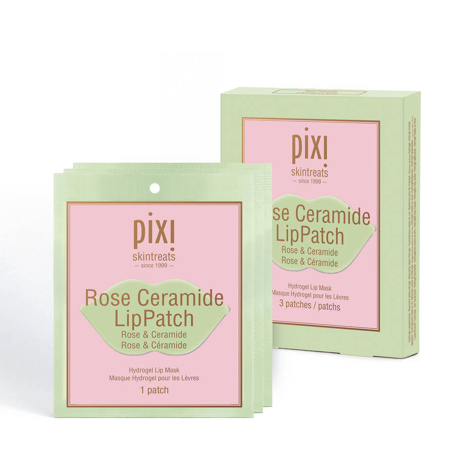 Three patch set of PIXI Rose Ceramide LipPatch packaging on a white background view 1
