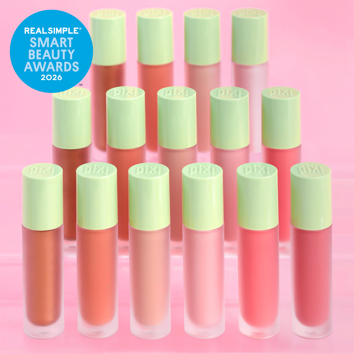 All shades of LiquidGlow Blush shown on a pink background with RealSimple Smart Beauty Awards 2026 sticker