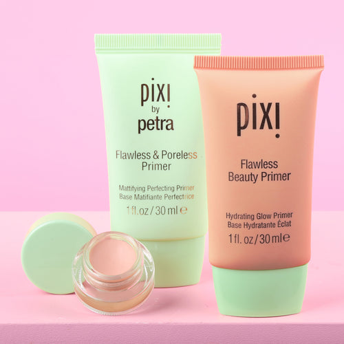 Pro Prep Trio Bundle shown on a pink background featuring Flawless Beauty Primer, Flawless & Poreless Primer and Correction Concentrate - view 1 view 2