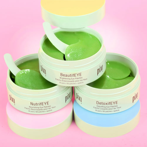 Eye Patch Best Sellers Trio featuring NurtifEYE, BeautifEYE and DetoxifEYE on a pink background - View 1 view 1