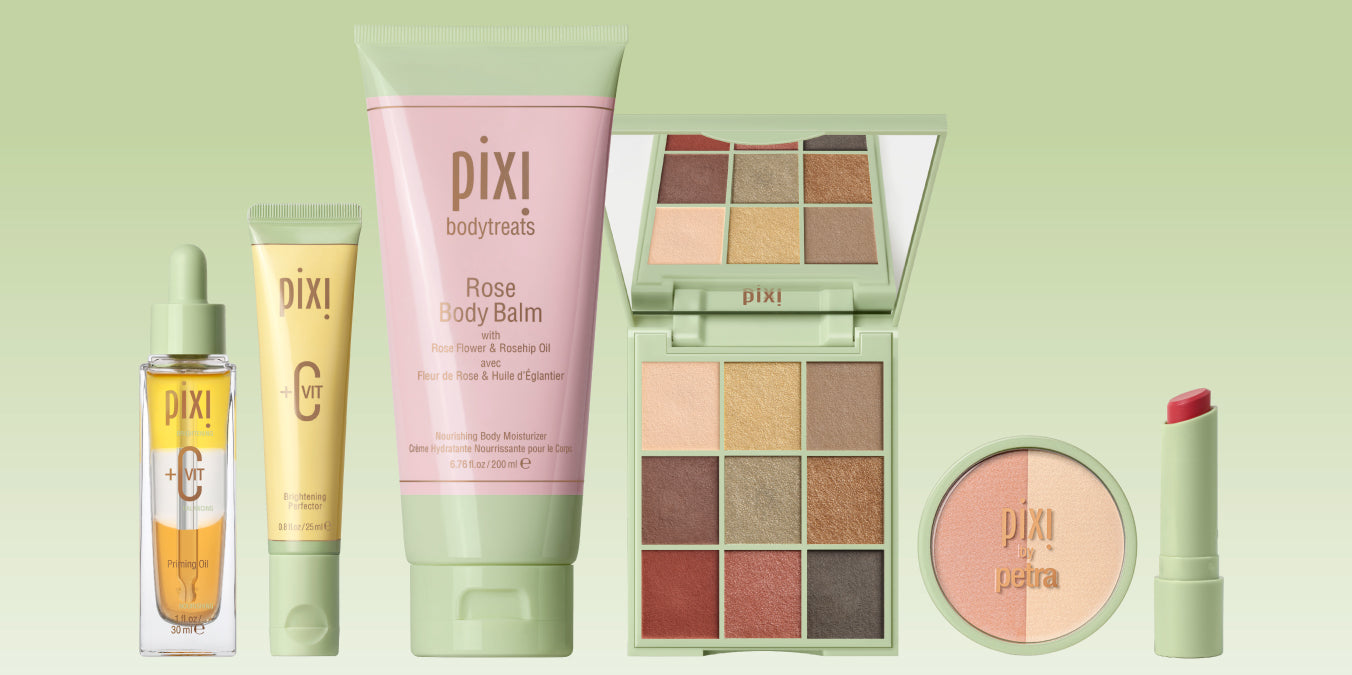 Collection of Pixi products shown on a gradiant white and green background. View 2