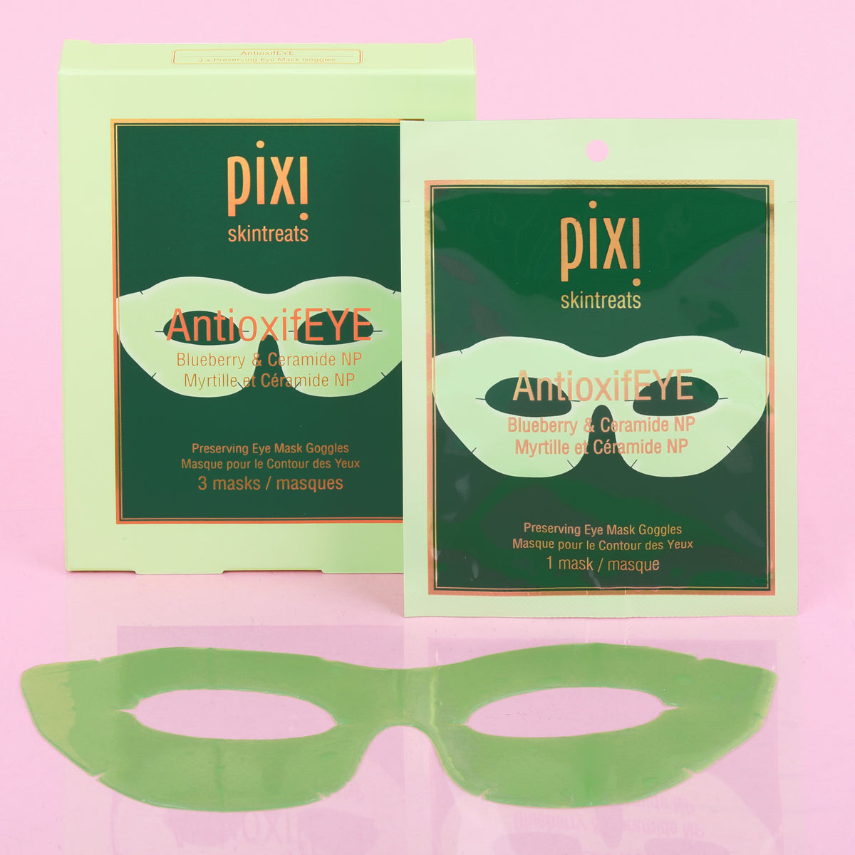 PIXI AntioxifEYE eye mask Goggles packaging on a pink background