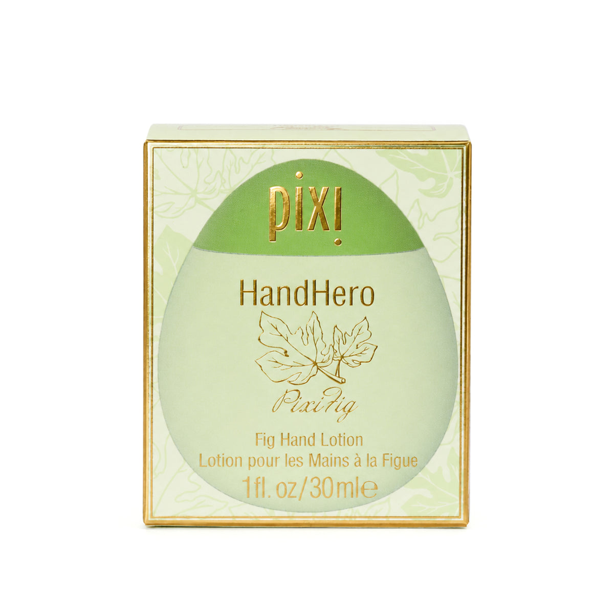 Pixi HandHero Fig Hand Lotion 1 fl. oz / 30ml in its original packaging, featuring a light green and gold box with a leaf illustration.