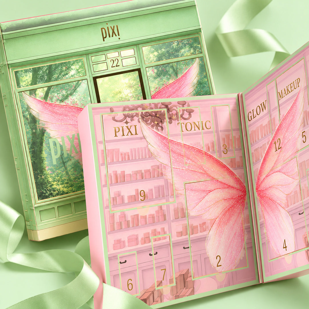 Pixi 12 Days of Discovery Beauty Advent Calendar packaging, shown open and on green background.