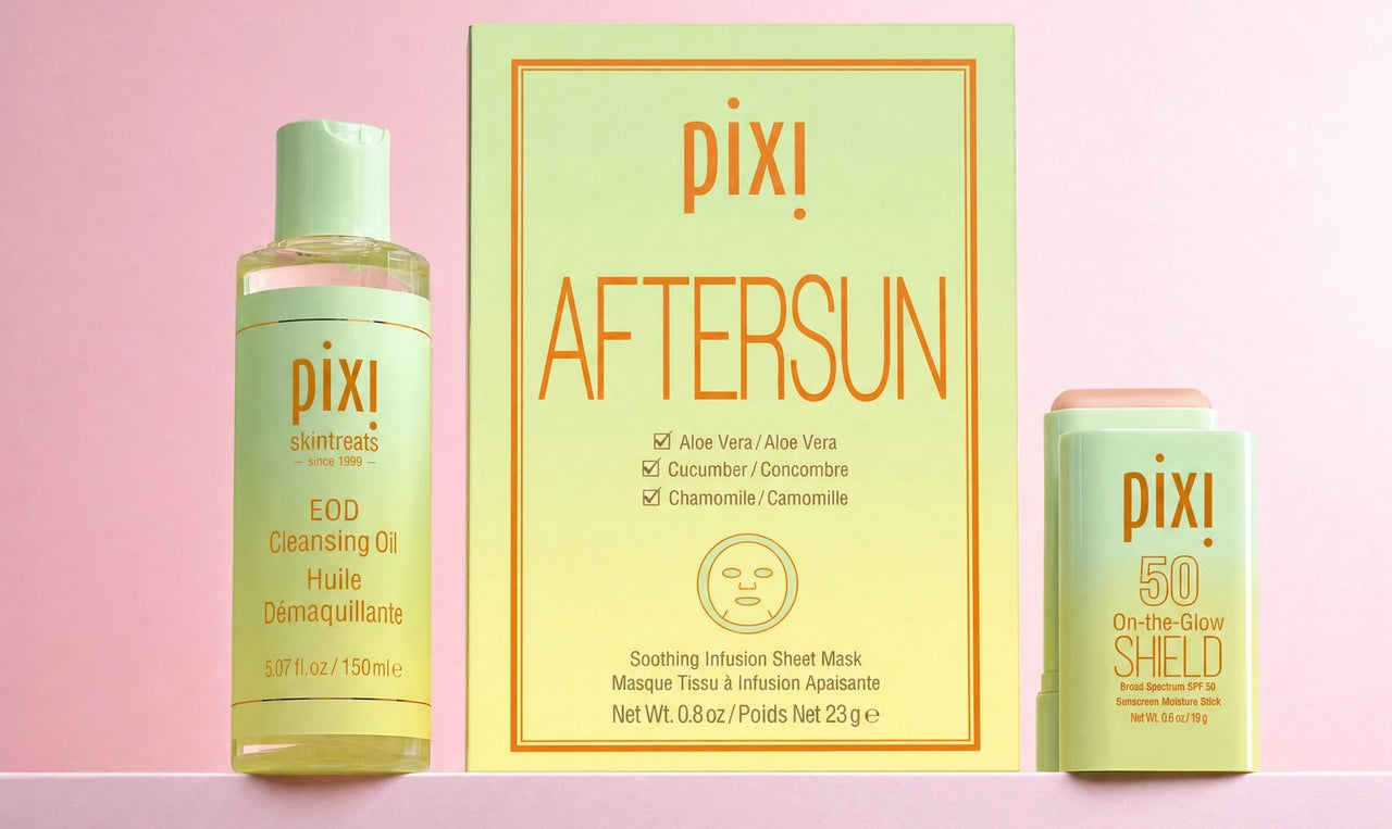 Suntreats Trio shown on a pink gradiant background including EOD Cleansing Oil, AfterSun Masks, On-the-Glow SHIELD SPF 50